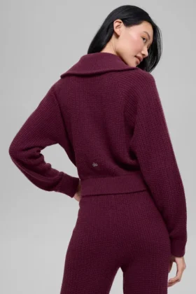 Kaşmir Plüş Waffle 1/4 Fermuarlı Kazak – Bordo