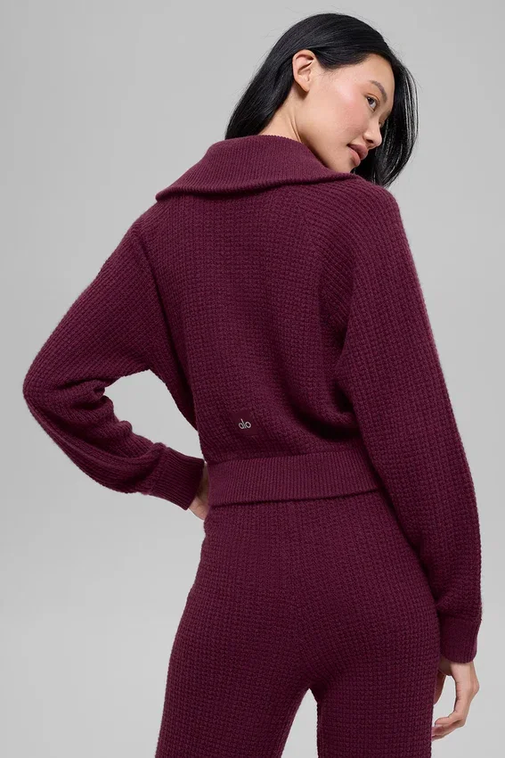 Kaşmir Plüş Waffle 1/4 Fermuarlı Kazak - Bordo
