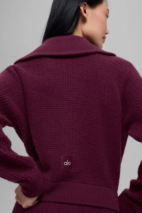 Kaşmir Plüş Waffle 1/4 Fermuarlı Kazak - Bordo