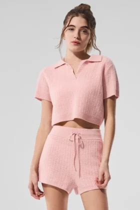 Kaşmir Plüş Waffle Polo Tişört - Pembe Kuvars
