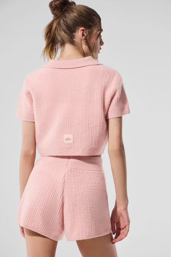 Kaşmir Plüş Waffle Polo Tişört - Pembe Kuvars