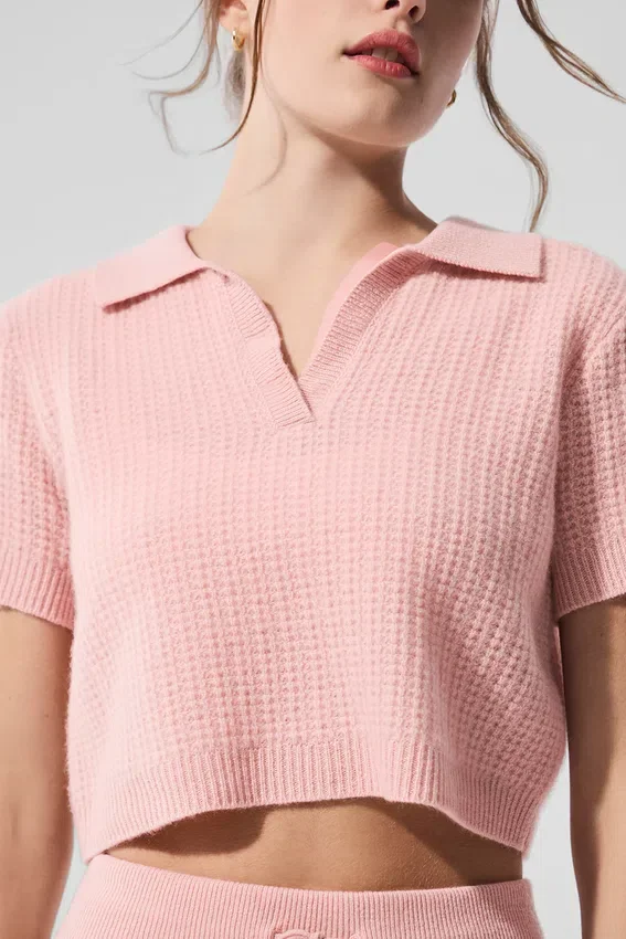 Kaşmir Plüş Waffle Polo Tişört - Pembe Kuvars
