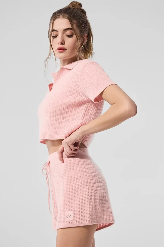 Kaşmir Plüş Waffle Polo Tişört - Pembe Kuvars