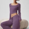 Kazak Örgü Orta Bel Unwind Geniş Paça Pantolon - Plum Kiss
