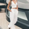 Keten Karışımlı Riviera Geniş Paça Pantolon - Beyaz
