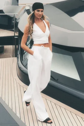 Keten Karışımlı Riviera Geniş Paça Pantolon - Beyaz