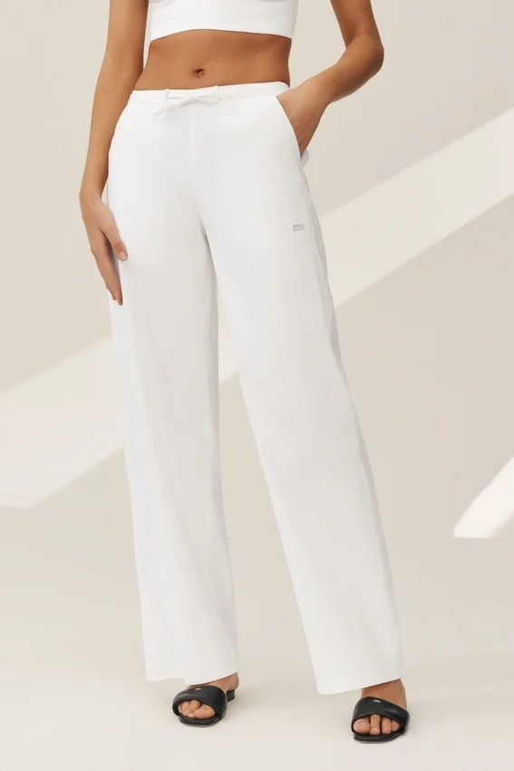 Keten Karışımlı Riviera Geniş Paça Pantolon - Beyaz