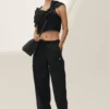 Keten Karışımlı Riviera Geniş Paça Pantolon - Siyah