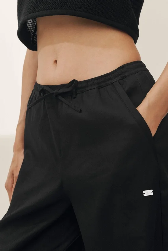 Keten Karışımlı Riviera Geniş Paça Pantolon - Siyah