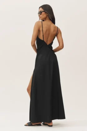 Keten Karışımlı Riviera Maxi Elbise – Siyah