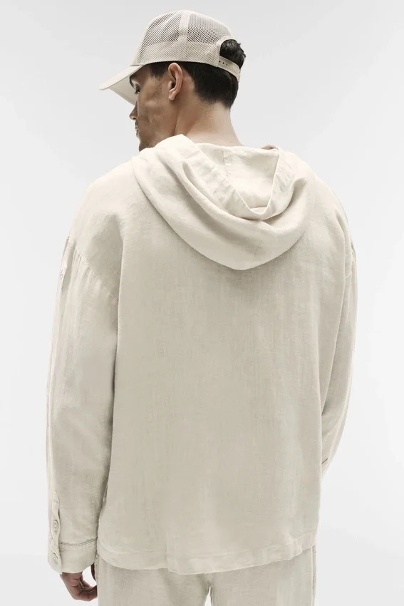 Linen Days Düğmeli Kapüşonlu Kapüşonlu Sweatshirt - Kemik Rengi