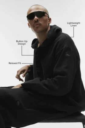 Linen Days Düğmeli Kapüşonlu Kapüşonlu Sweatshirt – Siyah