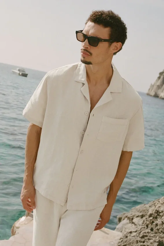 Linen Days Kısa Kollu Düğmeli Gömlek - Kemik Rengi