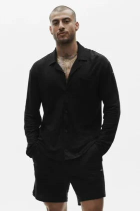 Linen Jersey Coastal Uzun Kollu Düğmeli - Siyah