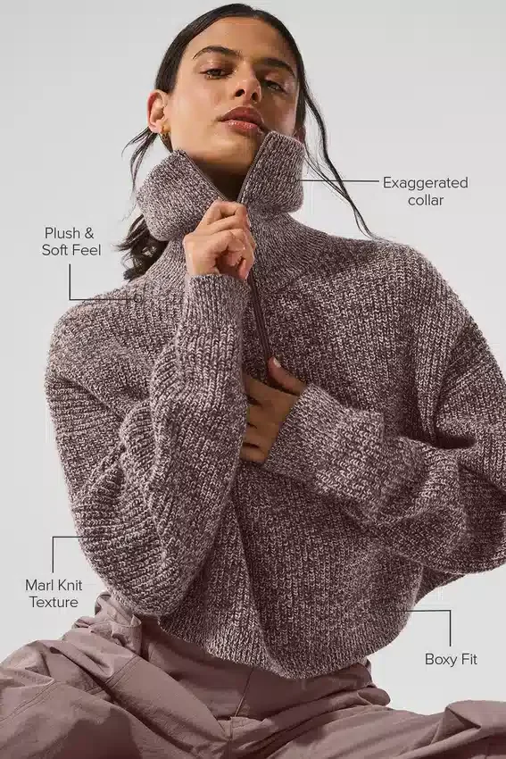 Marl Kazak 1/4 Fermuarlı Pullover - Mantar Rengi Marl