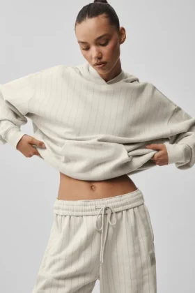 İnce Çizgili Kapüşonlu Sweatshirt - Kemik Rengi İnce Çizgili