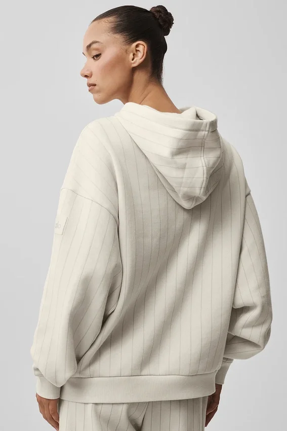 İnce Çizgili Kapüşonlu Sweatshirt - Kemik Rengi İnce Çizgili