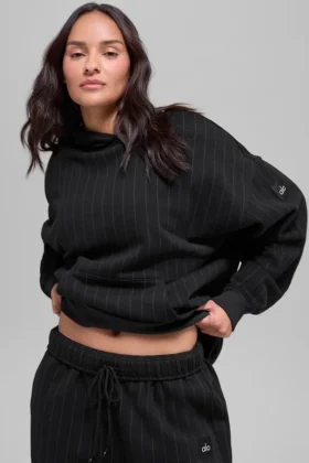 İnce Çizgili Kapüşonlu Sweatshirt - Siyah İnce Çizgili