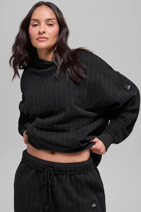 İnce Çizgili Kapüşonlu Sweatshirt - Siyah İnce Çizgili
