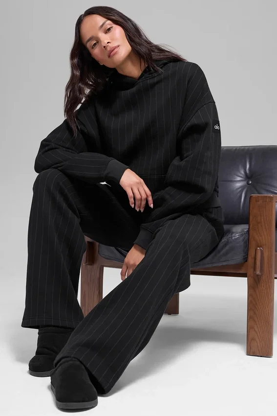İnce Çizgili Kapüşonlu Sweatshirt - Siyah İnce Çizgili