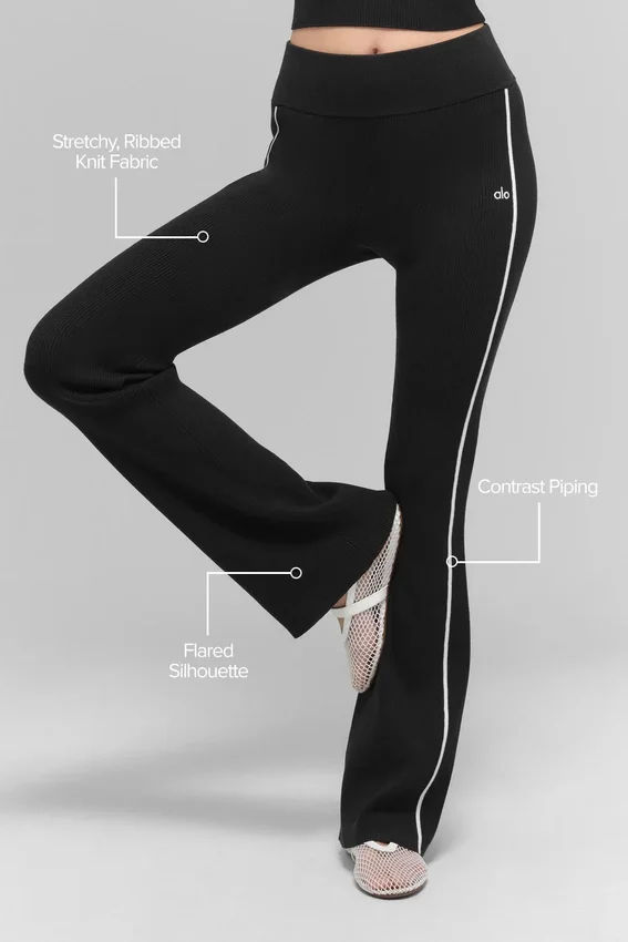 Nervürlü Kazak Örgü Highline Geniş Paça Pantolon - Siyah/Beyaz