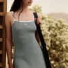 Nervürlü Kazak Örme Highline Elbise - Ay Gri/Beyaz