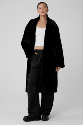 Oversized Suni Kürk Trençkot - Siyah