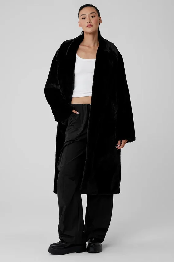 Oversized Suni Kürk Trençkot - Siyah