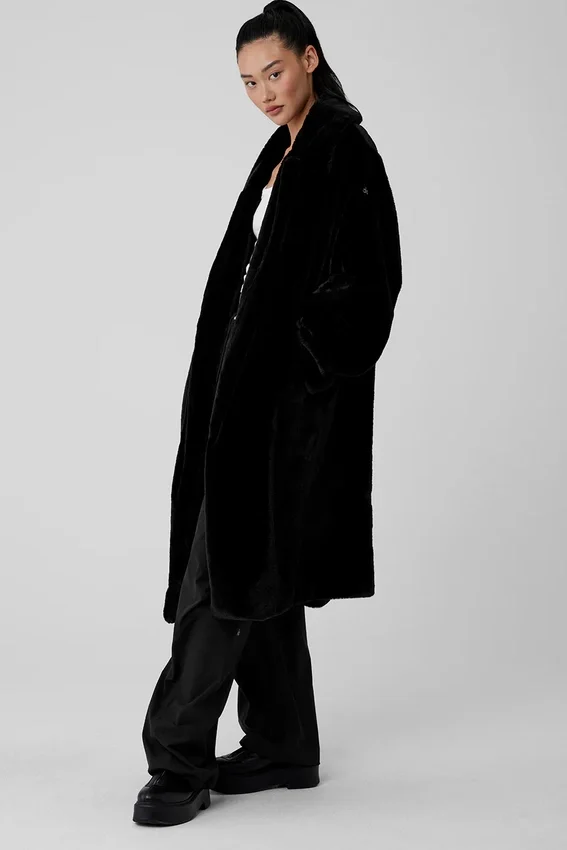 Oversized Suni Kürk Trençkot - Siyah
