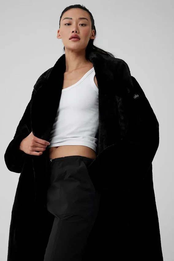 Oversized Suni Kürk Trençkot - Siyah