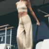 İpek Karışımlı High-Waist Radiance Pantolon - Kum Beji
