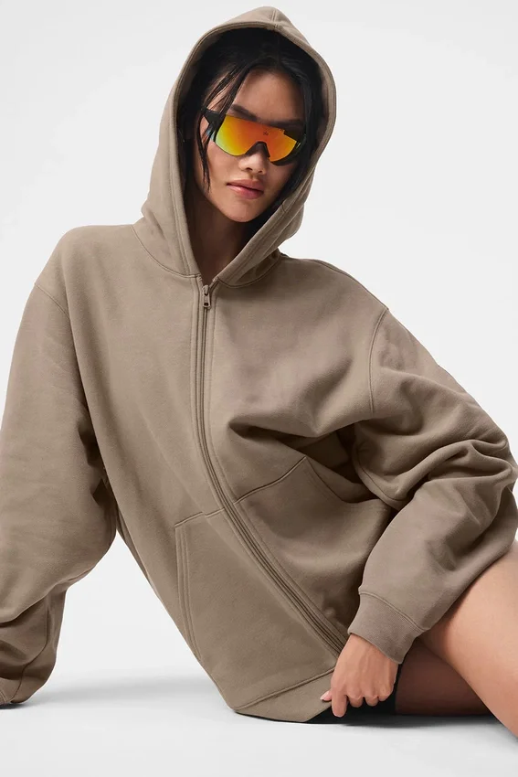 Renown Tam Fermuarlı Kapüşonlu Kapüşonlu Sweatshirt - Gravel