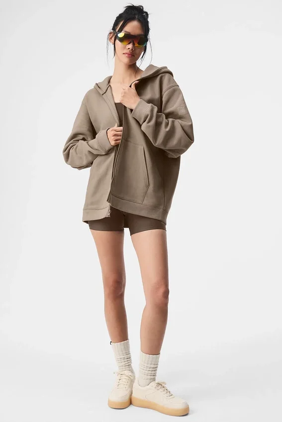 Renown Tam Fermuarlı Kapüşonlu Kapüşonlu Sweatshirt - Gravel