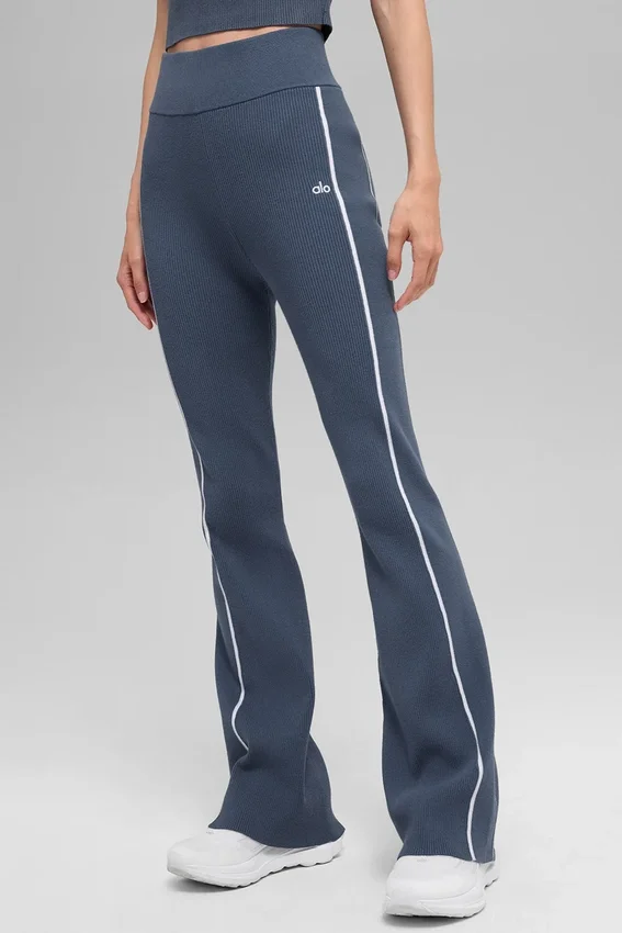 Ribana Kazak Örme Highline Geniş Paça Pantolon - Bluestone/Beyaz