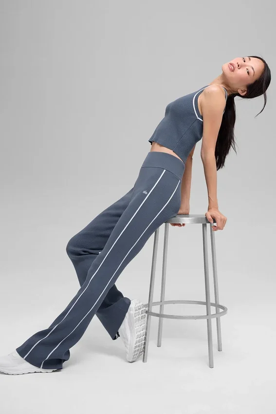 Ribana Kazak Örme Highline Geniş Paça Pantolon - Bluestone/Beyaz