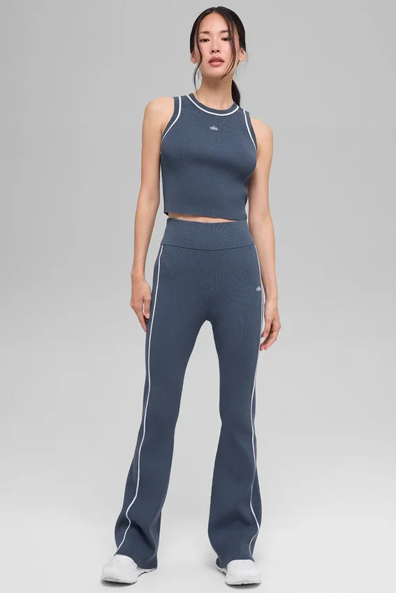 Ribana Kazak Örme Highline Geniş Paça Pantolon - Bluestone/Beyaz