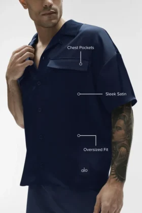 Satin Horizon Kısa Kollu Düğmeli Gömlek – Lacivert