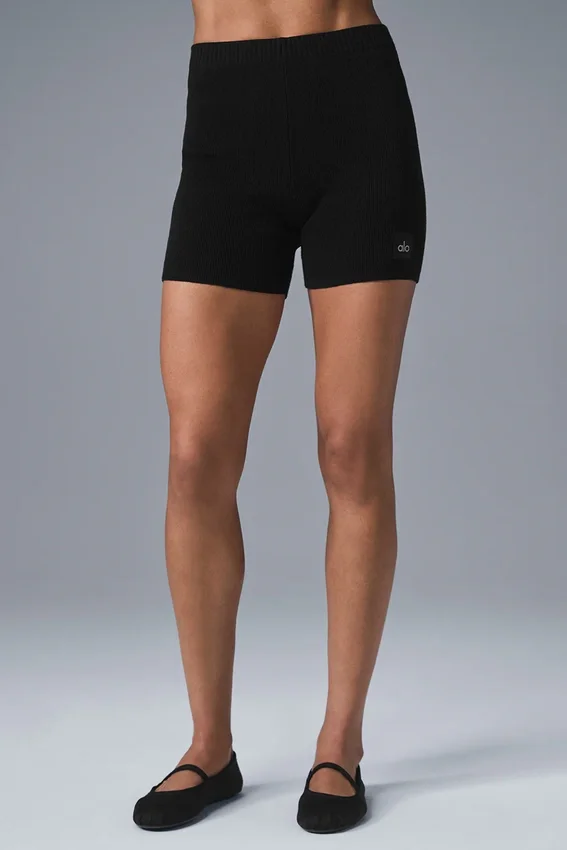 Scholar Knit High-Waist Şort - Siyah