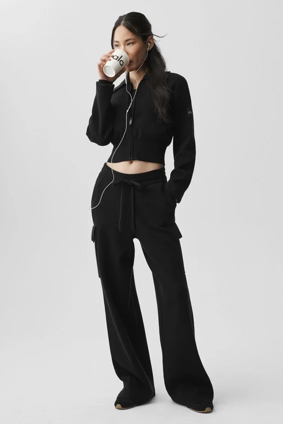 Scholar Örme High-Waist Kargo Pantolon - Siyah