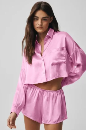 Silk Luminous Kısa Düğmeli Uzun Kollu Gömlek - Candy Heart Pink
