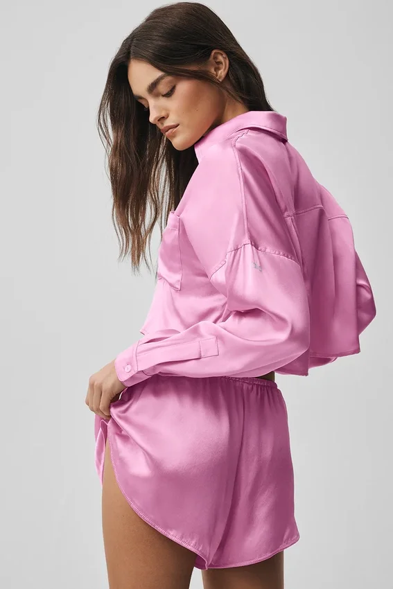 Silk Luminous Kısa Düğmeli Uzun Kollu Gömlek - Candy Heart Pink