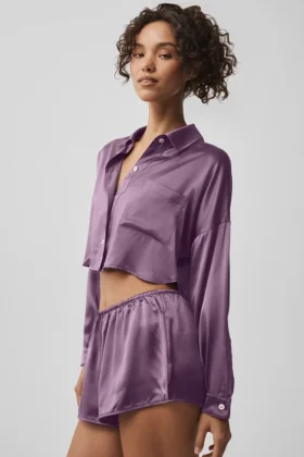 Silk Luminous Kısa Düğmeli Uzun Kollu Gömlek – Plum Kiss