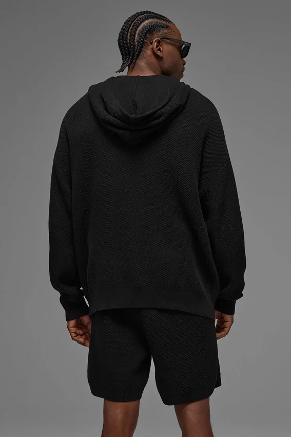 Sports Club Kazak Örgü Kapüşonlu Kapüşonlu Sweatshirt - Siyah