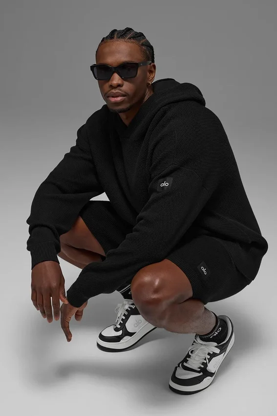Sports Club Kazak Örgü Kapüşonlu Kapüşonlu Sweatshirt - Siyah