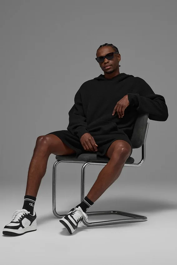Sports Club Kazak Örgü Kapüşonlu Kapüşonlu Sweatshirt - Siyah