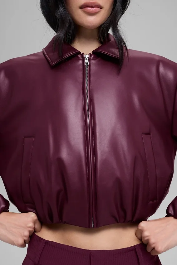 Suni Deri Kısa Premier Bomber Ceket - Bordo