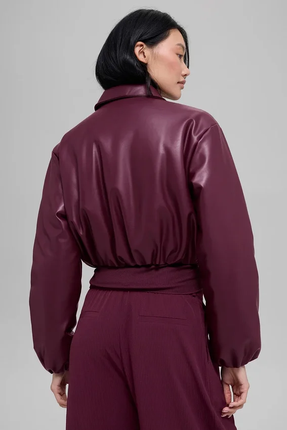Suni Deri Kısa Premier Bomber Ceket - Bordo