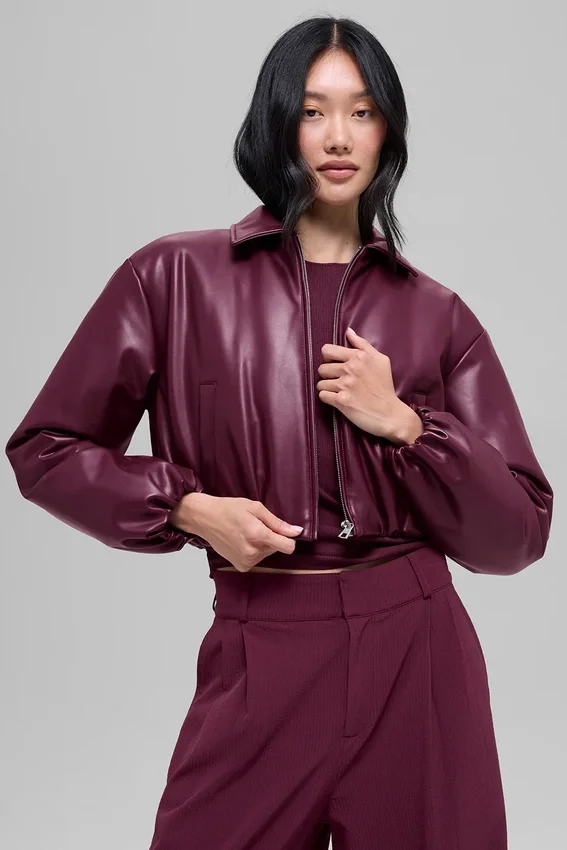 Suni Deri Kısa Premier Bomber Ceket - Bordo