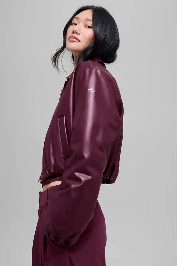 Suni Deri Kısa Premier Bomber Ceket - Bordo
