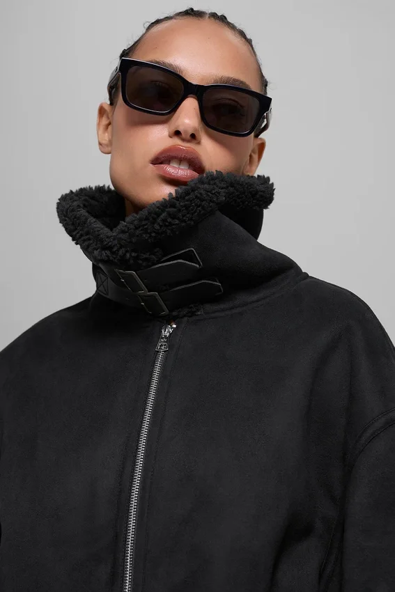 Suni Shearling Grand Ceket - Siyah